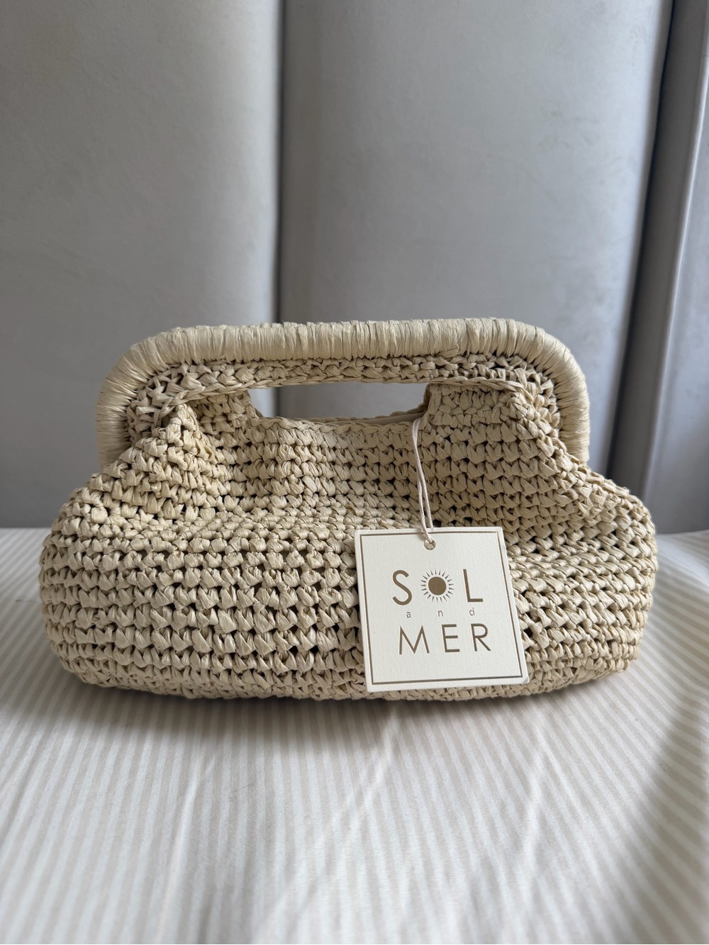 NWT Sol and Mer Ivory Woven Raffia Clutch Gold Chain Shoulder Bag
